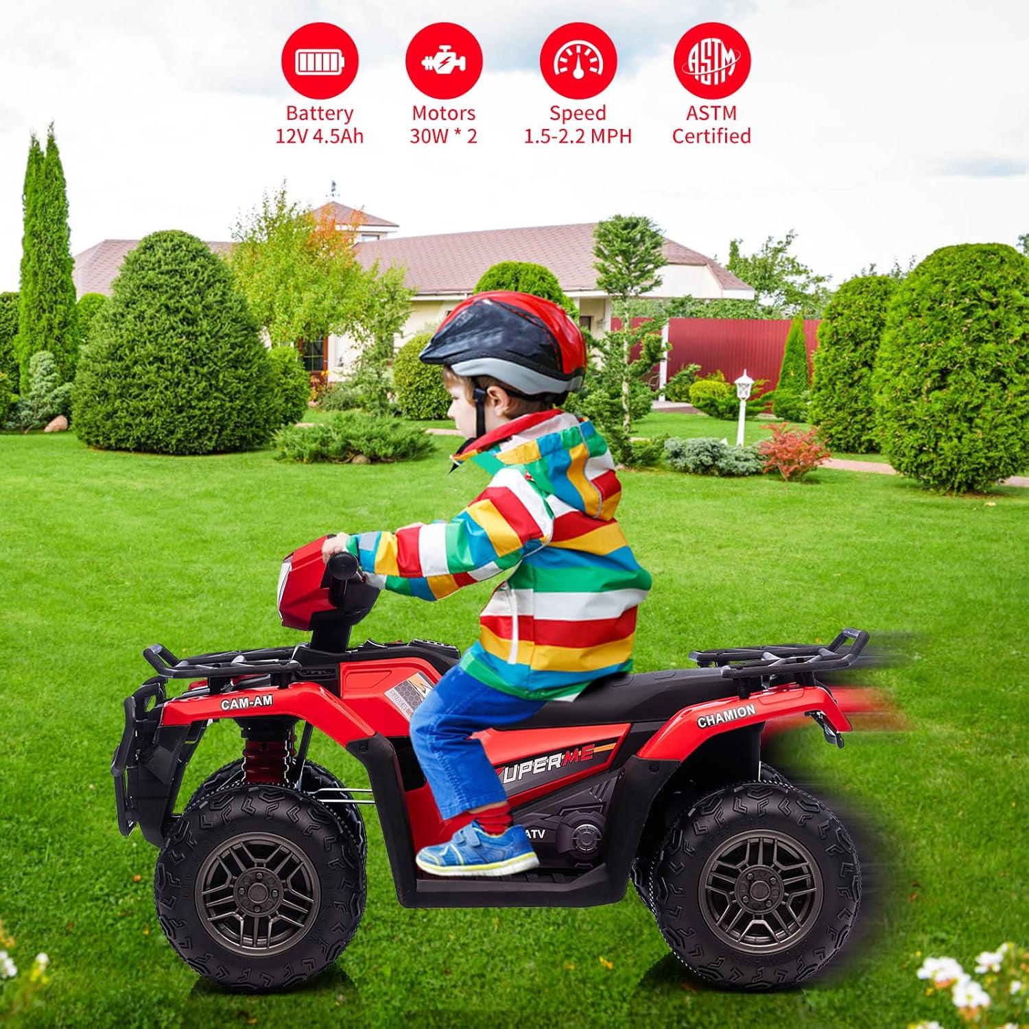 Acekid 12V Ride on ATV High/Low Variable Speed Ride on Electric Vehicle with LED Light Music USB 1.5-2.2mph Safety Speed Red