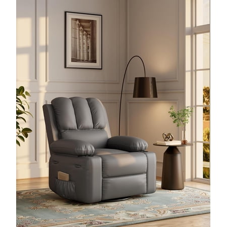 Garvee Oversized Recliner Chair with Heat & Massage – 360° Swivel Lazy Sofa for Adults – Manual Recliner with Cup Holder for Living Rooms, Bedrooms, and Nurseries – Grey