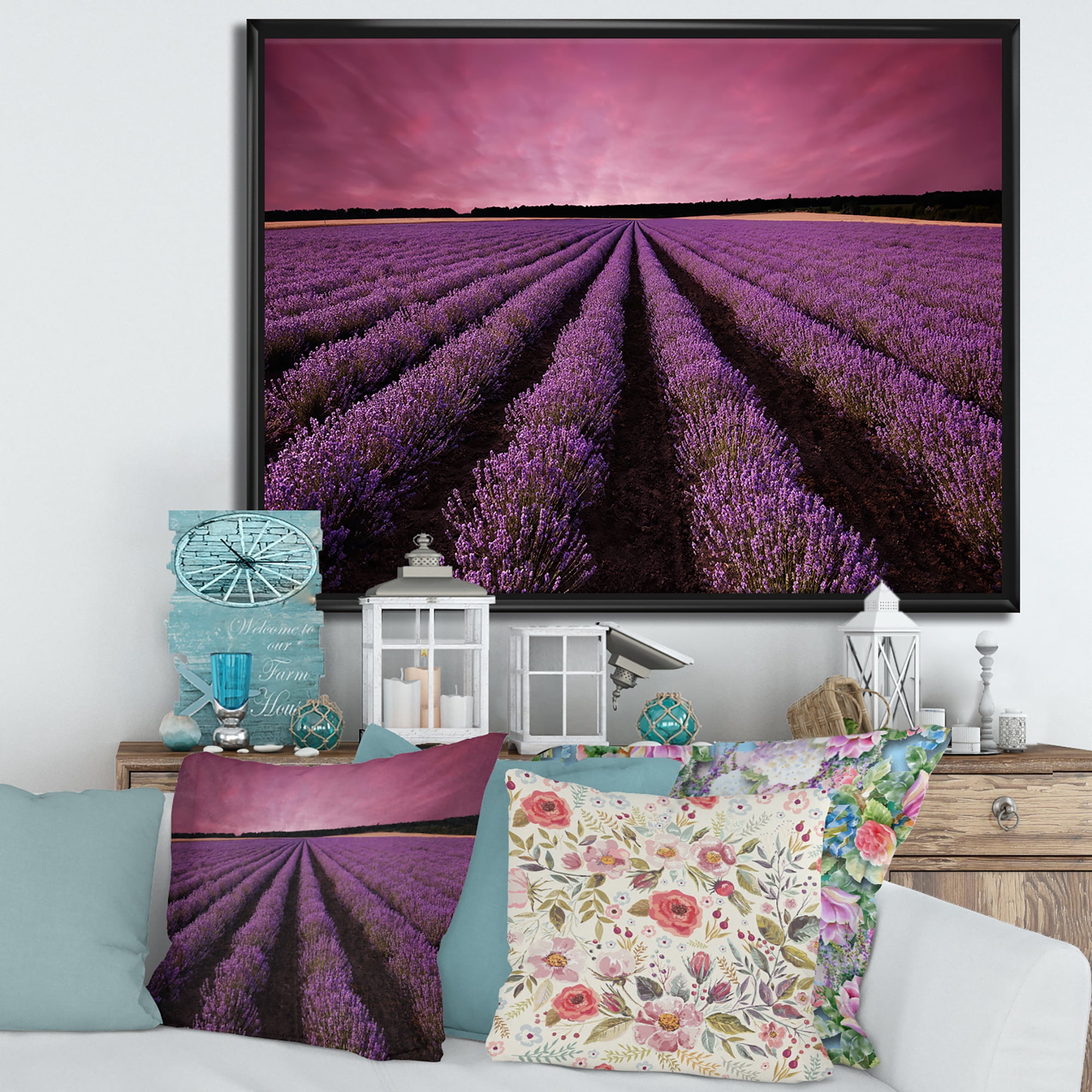 Designart 'Dramatic Clouds and Sunrise Over Lavender Field XI' Farmhouse Framed Canvas Wall Art Print