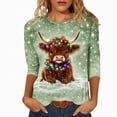 thumbnail image 2 of CLOISE Womens Tops 3/4 Sleeves Plus Size Christmas Cow Crew Neck Shirts Pullover Tee Slim Festive Holiday Photos Outfits Green 2XL, 2 of 5