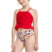 Fesfesfes Girls Summer Swimsuits Casual Cute Floral Print Double Ruffle Sling Swimwear Beach Swimsuits Split Two-Piece Bikini Sets
