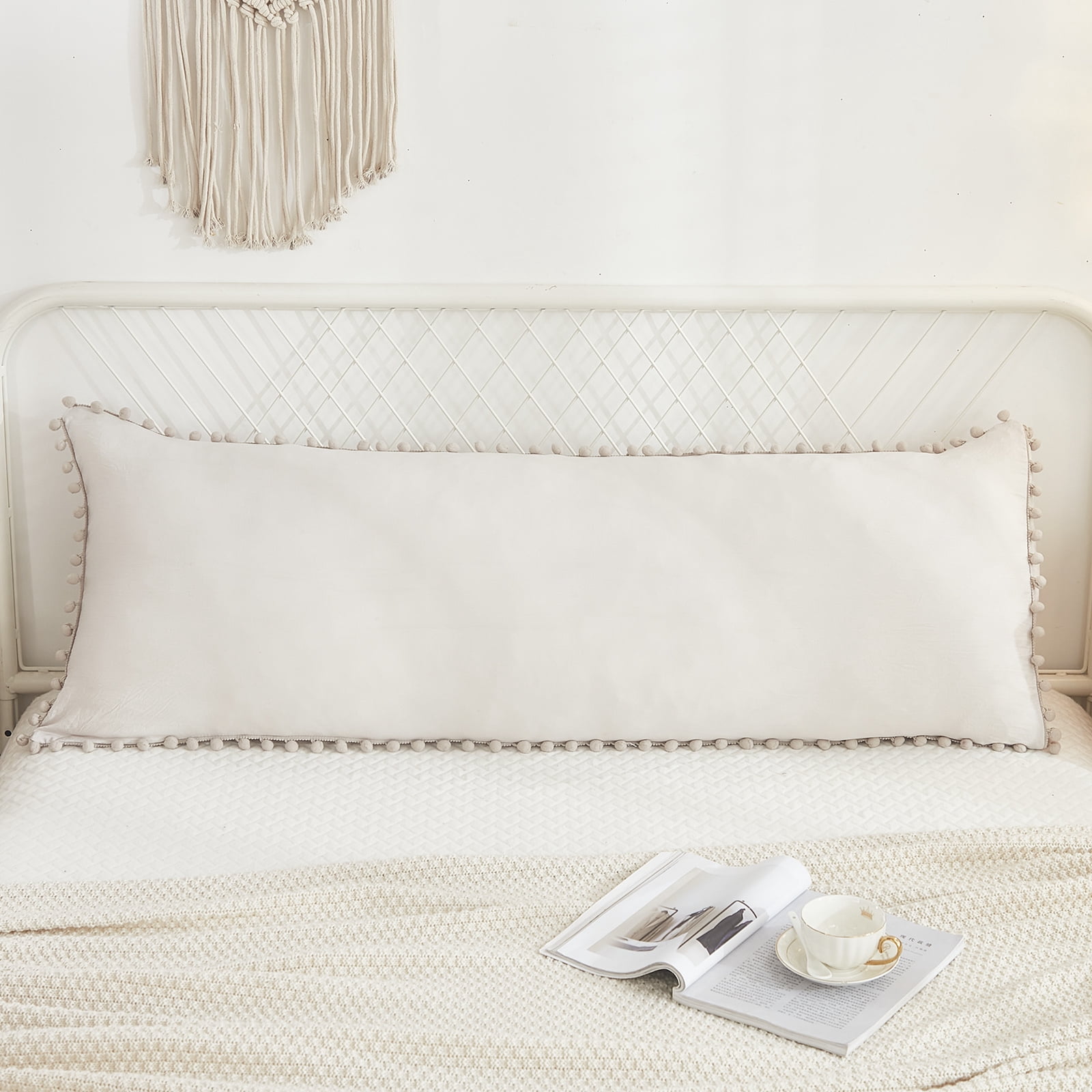 Move Over Beige Grey Body Pillowcase 20x54" Pom Poms Fringe Pattern Linen Grey Long Body Pillow Cover Washed Microfiber