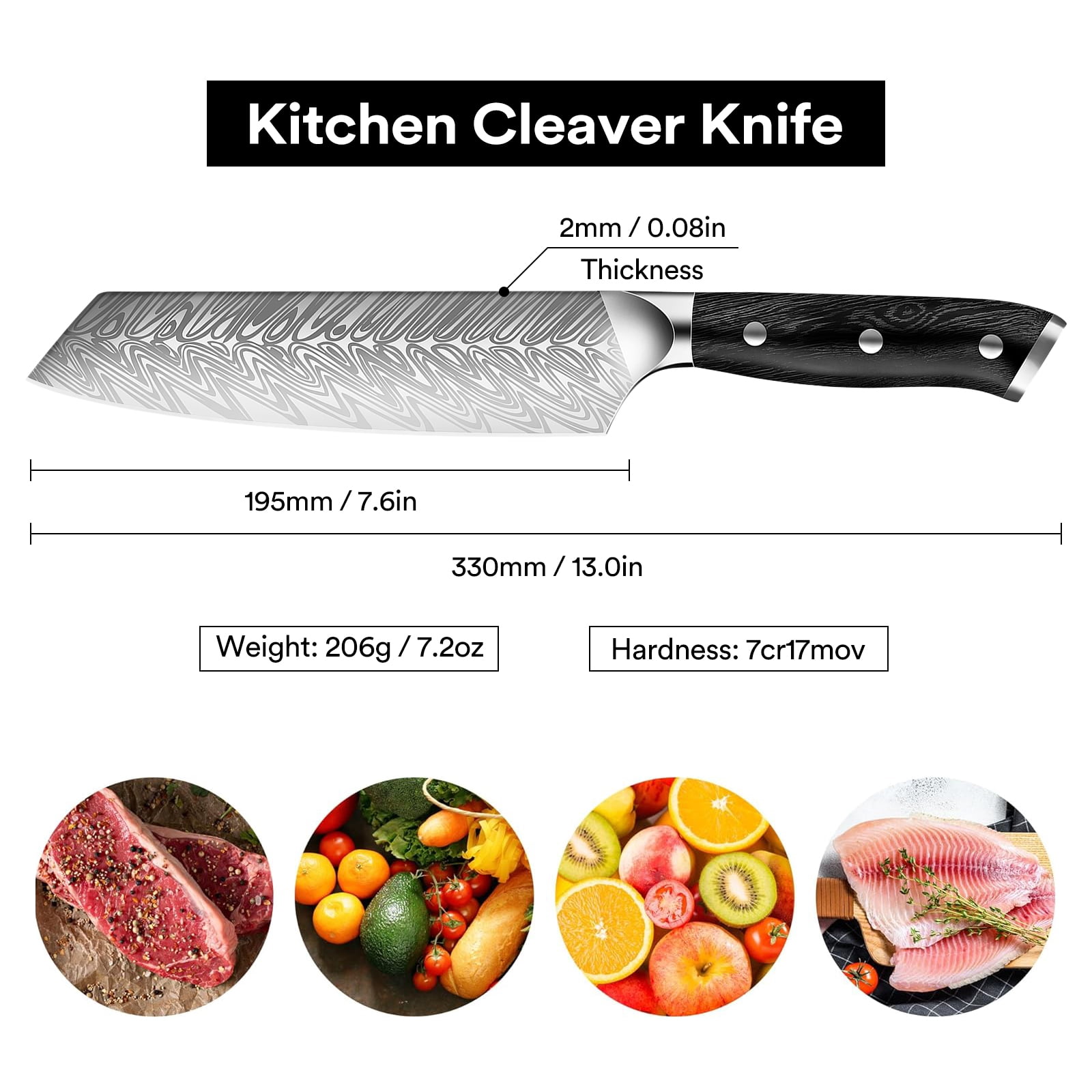 Badiano 8" Kiritsuke Cleaver Chef Knife,Steel Blade Meat Butcher Knife with 3 Rivet Handle,Silver
