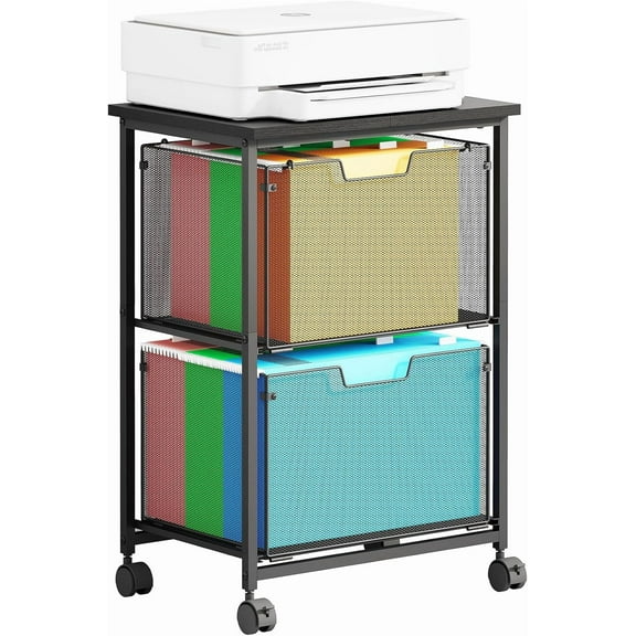 Letter/Legal Rolling File Cart with 2 Storage Drawers, Under Desk Storage, Vertical Filing Cabinet for Home Office, Hanging File Folders Organizer, Mobile Utility Cart Printer Stand, Black