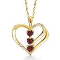 Gem Stone King 18K Yellow Gold Plated Silver Red Garnet and White Moissanite 3-Stone Pendant Necklace for Women (1.09 Cttw, Gemstone January Birthstone, Heart Shape 4MM, with 18 inch Silver Chain)