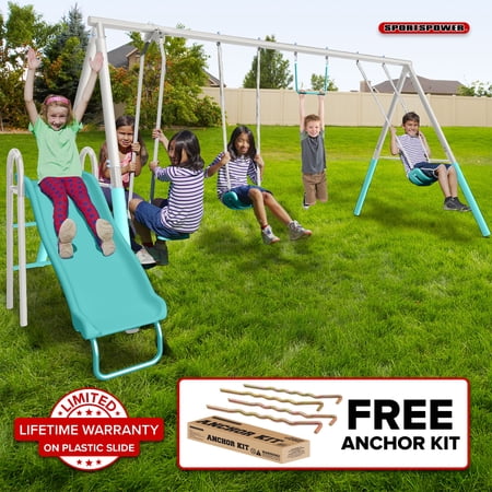 Sportspower Arcadia Metal Swing Set for Kids Ages 3-8, Outdoor Backyard Playset with Trapeze, 2-Person Glider, 5-Foot Slide with Lifetime Warranty, Bonus Anchor Kit (TEAL)