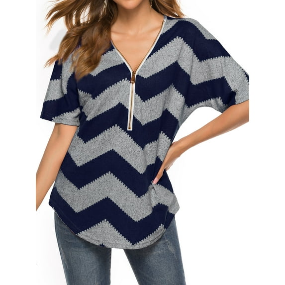 TWZH Women Colorblock V Neck Front Zipper Batwing Short Sleeve Top