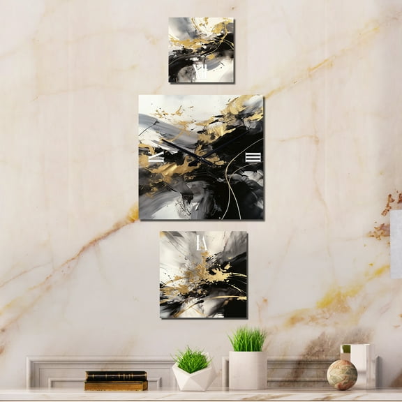 Designart "Fluid Fusion in Gold and Grey III" Abstract Print Oversized Wall Clock - Set Of 3 - Multipanel Clock For Living Room Décor - Large Contemporary Wall Clock