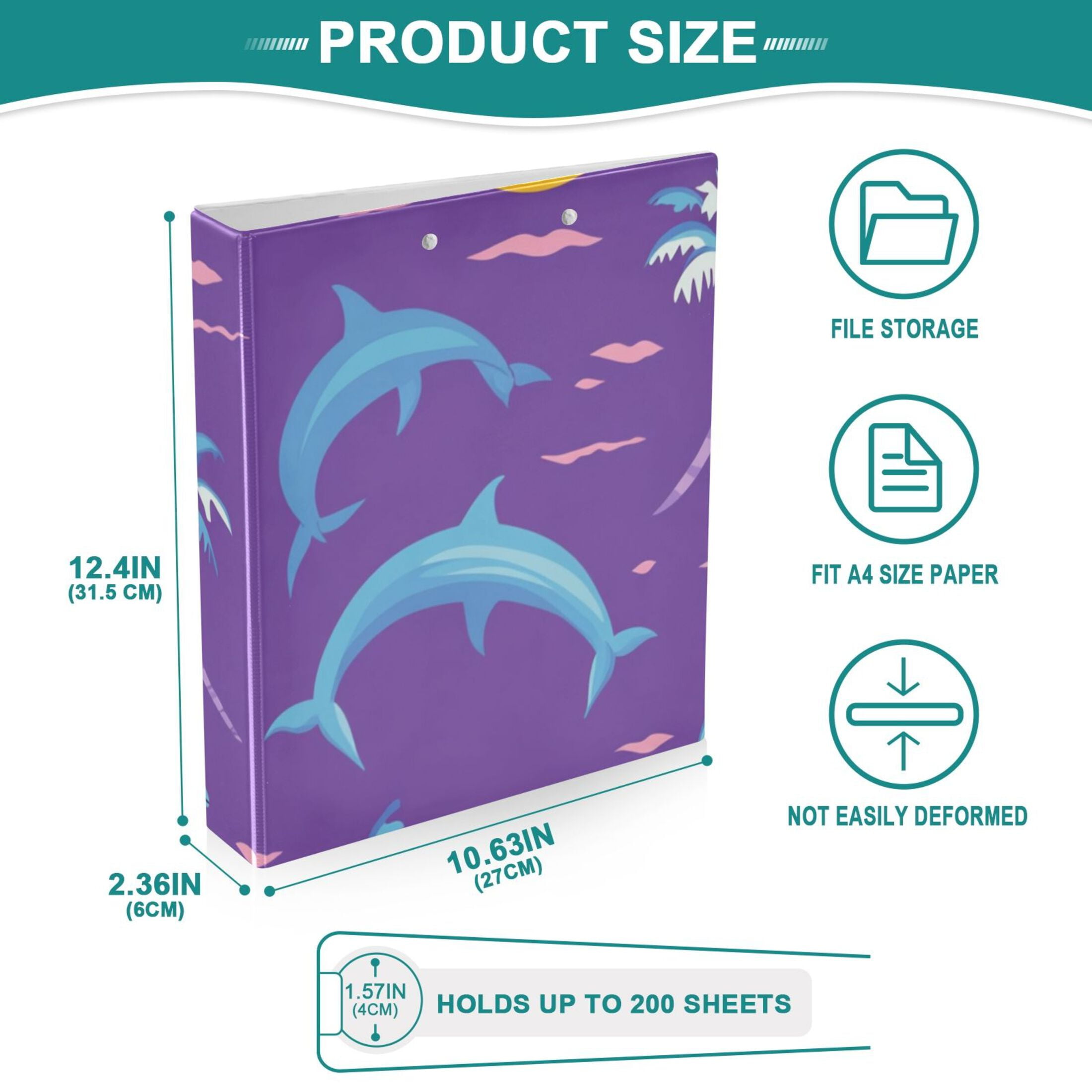 Sun Trees Whales Purple 3 Ring Binders 1.5 inch Hardcover File Folders with Interior Pockets A4 Size Organizer for School Office Hospital