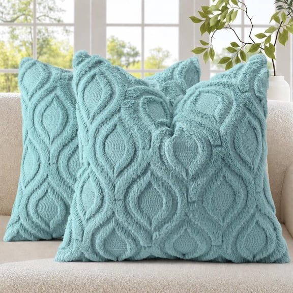 Smile Bee 18x18 Throw Pillow Covers Set of 2, Soft Plush Faux Wool Decorative Pillow Covers for Sofa Bedroom, Aqua