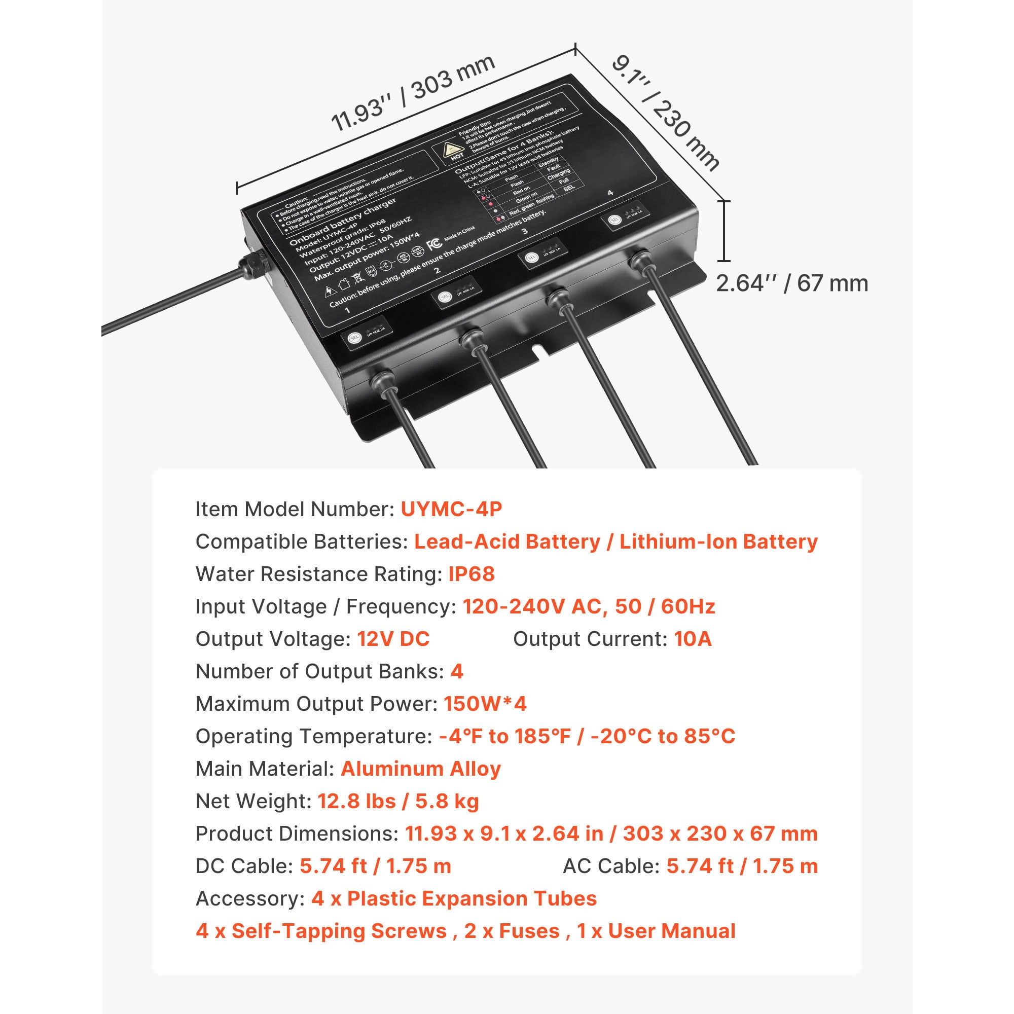 KFFKFF 4-Bank 10A 12V Onboard Marine Battery Charger, IP68 Waterproof Smart Charger for Lithium-Ion (LiFePO4), NCM, and Lead-Acid Batteries, Suitable for Boats, Yachts, RVs, and Trailers