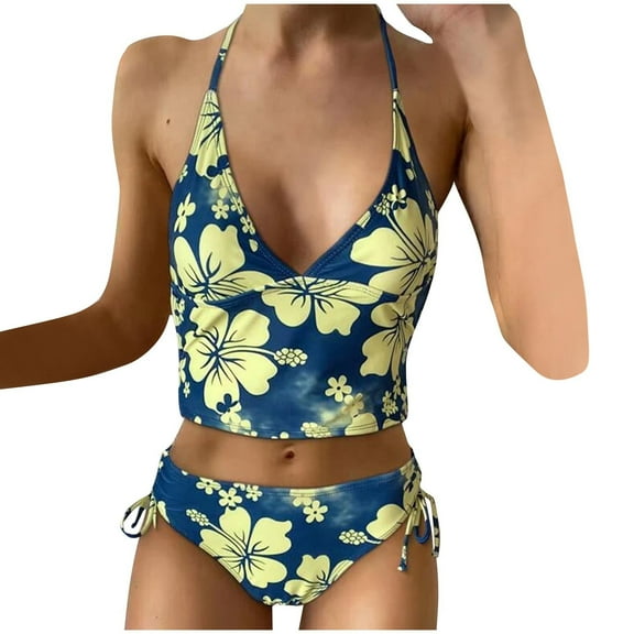 Youyipin Womens Swimsuits 2 Piece Floral Print Halter Tie Back Crop Top And Bottoms Bikini Set Hawaii Outfits