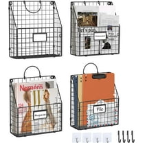 X-cosrack Wall Organizer for Office, Metal Hanging Wall File Organizer Basket with Handles and Hooks, 4 Pack Pockets Document Magazine Rack, Black