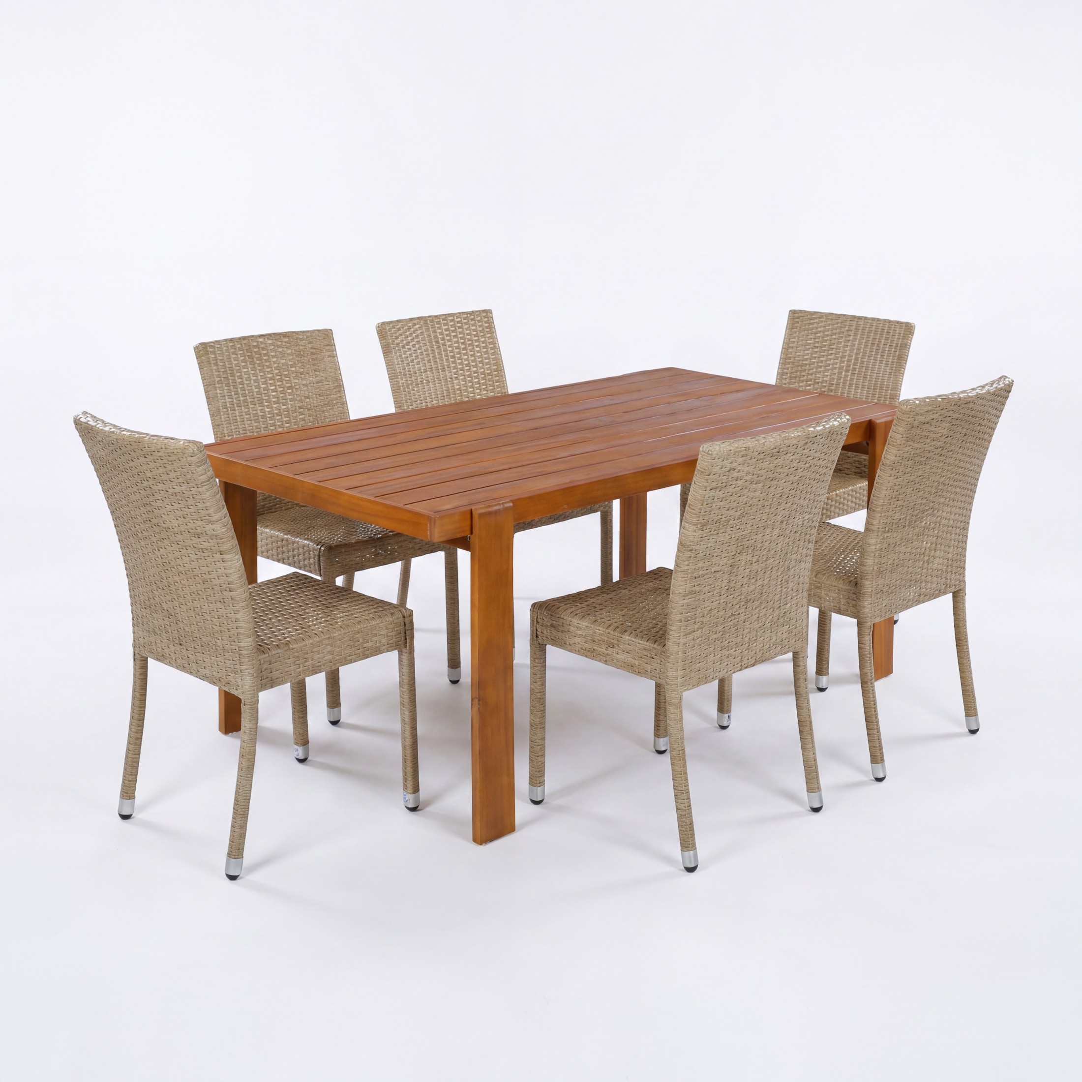 Christopher Knight Home 7-Piece Modern Outdoor Dining Set, Wood Table and Wicker Armless Chairs, Teak+Natural