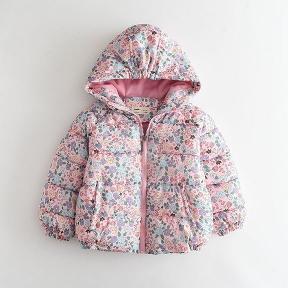 fnnxnal Toddler Girls' Pink Floral Puffer Jacket - 3T, Hooded Full-Zip, Quilted Warm Winter Coat for 3-12Y, Nylon Spandex, Elastic Cuffs, Side Pockets