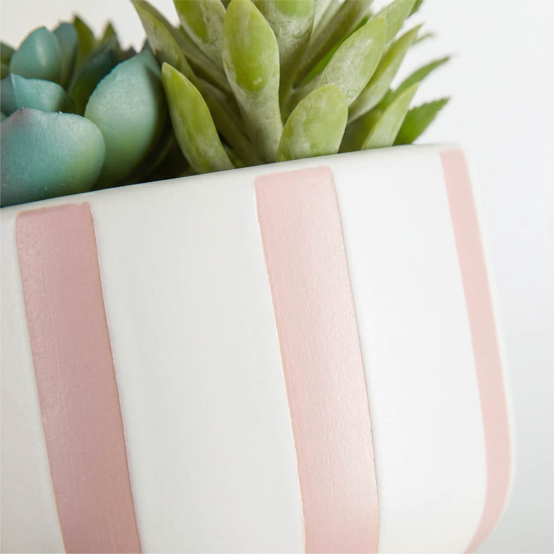 Mainstays Faux Succulent Plant in Pink and White Striped Ceramic Jar