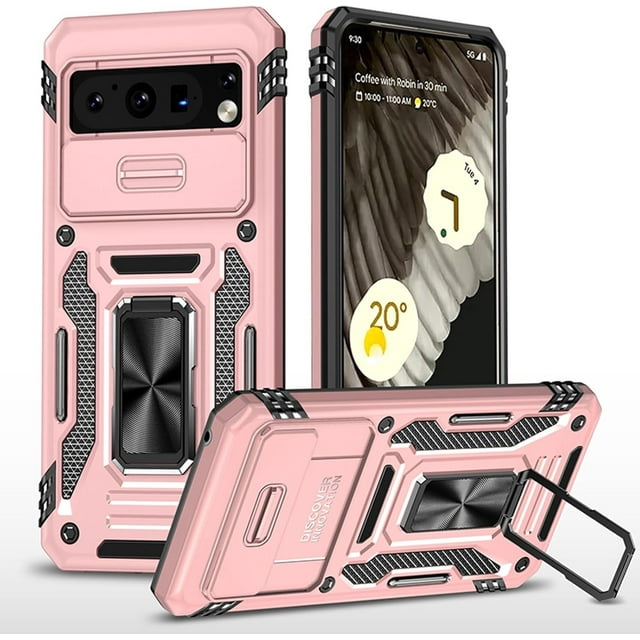KOMI Case for Google Pixel 9/ 9Pro/ 9ProXL, Ring Holder Case with Magnetic, Lens Sliding Push Window Phone Case Slim Shock Protection (Pink, 9Pro)