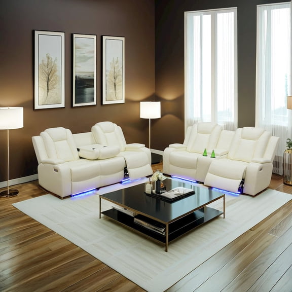 FUOROLA 2 Pieces Faux Leather Power Recliner Sofa With Led, Cup Holder And Storage