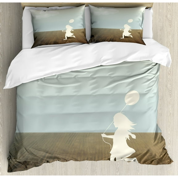 Retro Duvet Cover Set, Silhouette of a Little Girl with Balloon Under Cloudy Sky Wooden Ground Design, Decorative 3 Piece Bedding Set with 2 Pillow Shams, King Size, White Brown, by Ambesonne