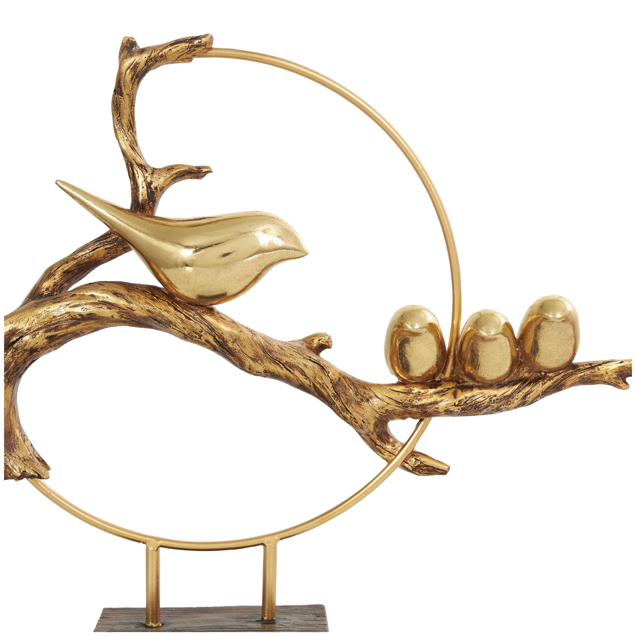 15" x 16" Gold Polystone Family On A Branch Bird Sculpture with Brown Block Base, by DecMode