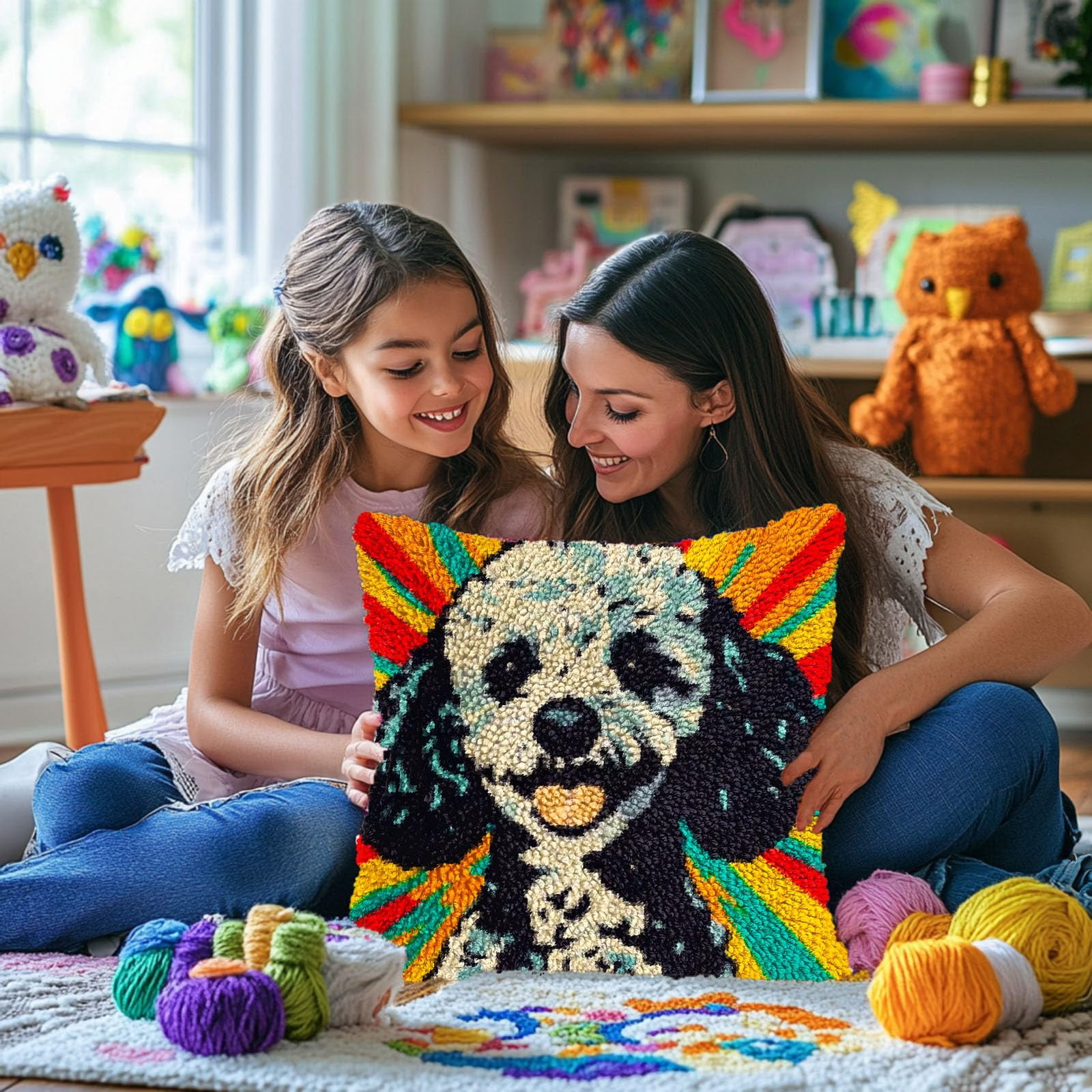 Cute Poodle Dog DIY Latch Hook Pillow Kits for Adults Printed Pillowcase Crochet Yarns Hooking Handmade Pillow Cover Cushion for Home Sofa Decoration 17x17inch