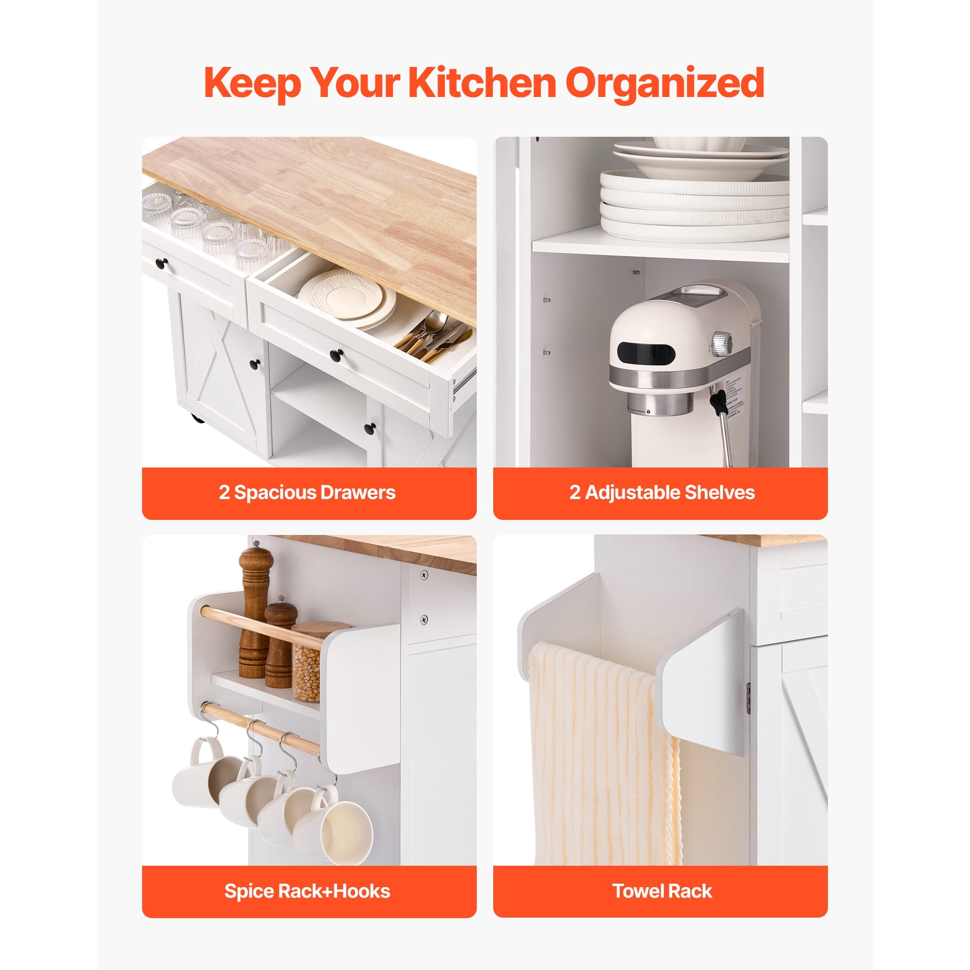 KFFKFF Kitchen Island Cart with Wood Top, Storage Cabinet, Drop Leaf, Drawers, Spice and Towel Rack, Rolling Table on Swivel Wheels, 52in Wide, White
