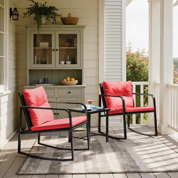Lacoo 3 Pieces Outdoor Rocking Chair Furniture Sets Modern Patio Furniture Set Rocking Wicker Bistro Sets Cushioned PE Rattan Chairs Conversation Sets with Glass Coffee Table,Red