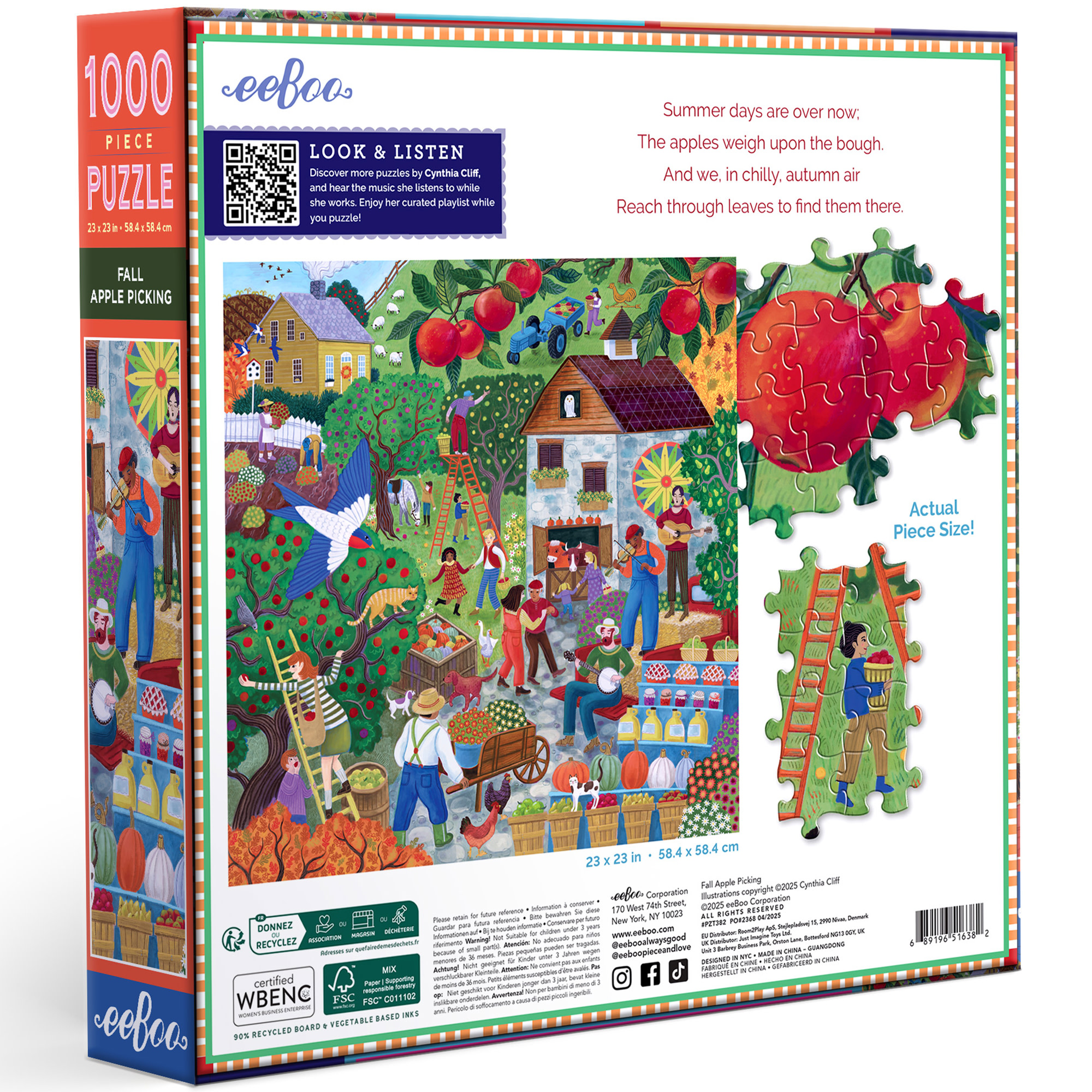 eeBoo Piece & Love: Fall Apple Picking - 1000 Piece Puzzle - 23" Square Adult Jigsaw, Cynthia Cliff's Autumn Harvest Scene, Eco-Friendly, Image Insert