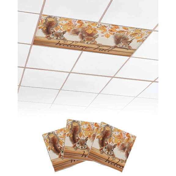 Welcome Fall Squirrel Fluorescent Light Covers for Ceiling Lights 4x2 feet,3 Pack Magnetic Light Filters for Classroom,Thanksgiving Botanical Rustic Fluorescent Light Shade Panel for Office School