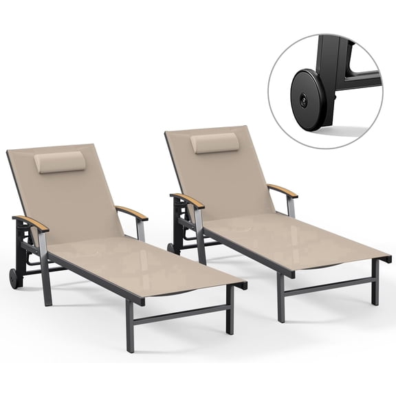 Set of 2 Aluminum Chaise Lounge Chair Wheels Armrests, 5-Position Patio Pool Chair 400lb, Khaki