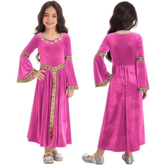 renvena Kids Girls Long Sleeve Medieval Princess Renaissance Maxi Dress Size 6-16 Hot Pink 14