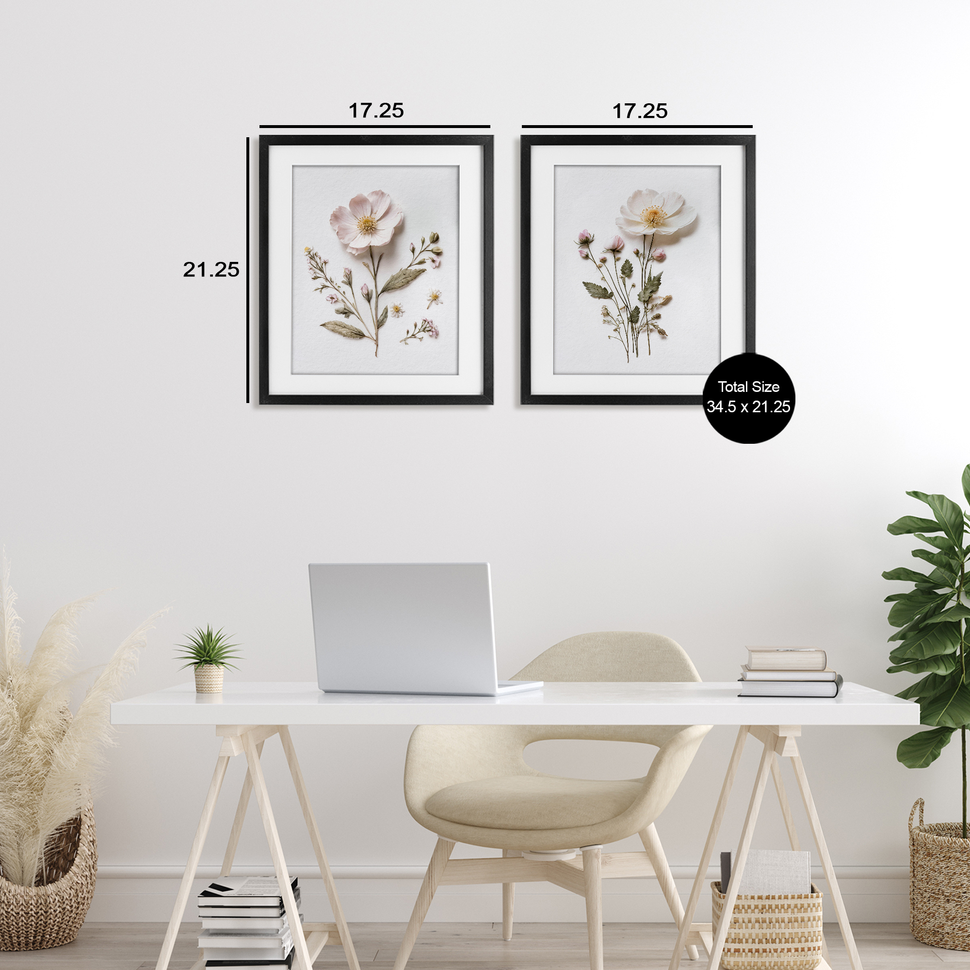 Minimal Pressed Flowers 2 Piece Black Framed Print Under Glass Set, design by Lettered and Lined