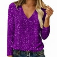 thumbnail image 2 of WHEANG Long Sleeve Shirts For Women V Neck Real Sequin Long Sleeve T Shirt High Density Beads Fashionable Casual Solid Color Top 1Pc Purple S-Xxl, 2 of 9