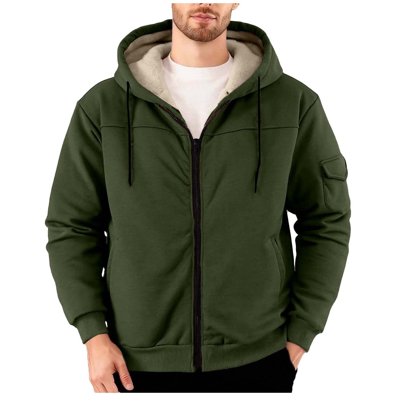 BiZtdJrK Army Green Mens Sherpa Lined Hoodie Jackets Winter Thermal Full Zip Hooded Sweatshirt with Pockets L