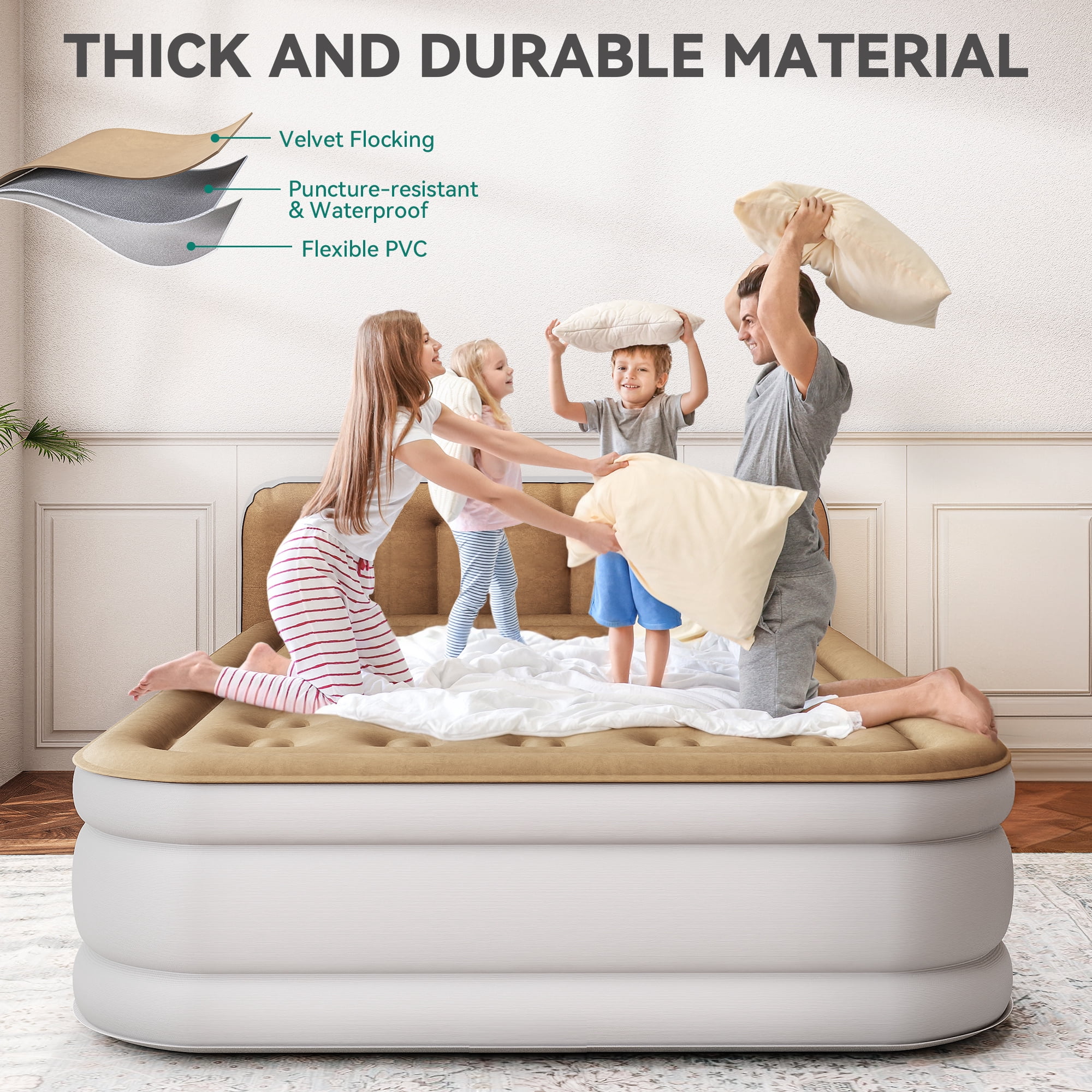 Uforic Queen Size Air Mattress with Pump and Headboard, 18in Luxury Flocked Top Blow up Mattress, Durable Inflatable Mattress for Home & Guest, Brown AirBed
