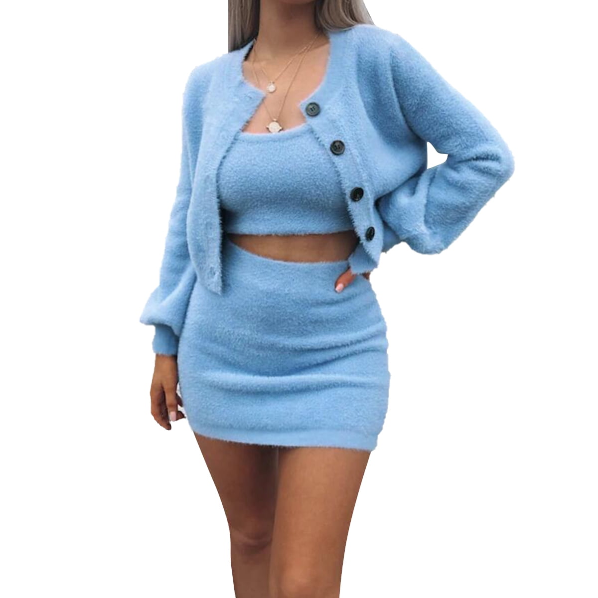 Nokiwiqis Women's 3 Piece Set, Camisole Crop Top Button Jacket and Short  Skirt - Walmart.com