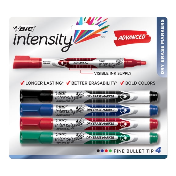 BIC Intensity Advanced Dry Erase Marker, Bullet Point, Assorted Colors, 4-Pack