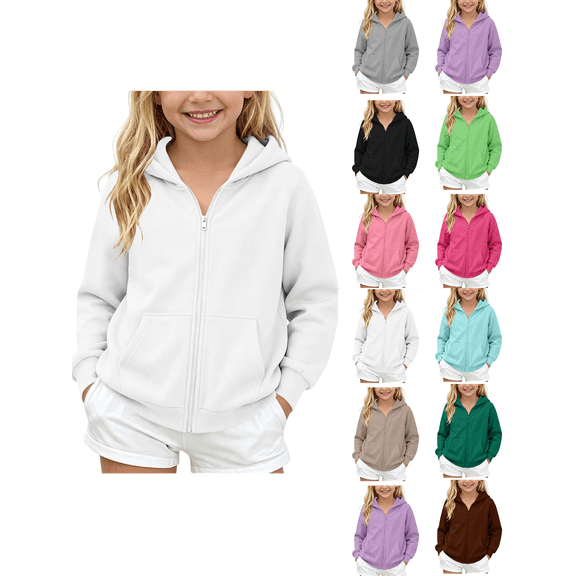 Zip up Hoodie Nelozsy Kids Solid‑Color Zip‑Up Hooded Sweatshirt, Fleece‑Lined Warm Casual Sports Jacket for Winter White 11-12 Years