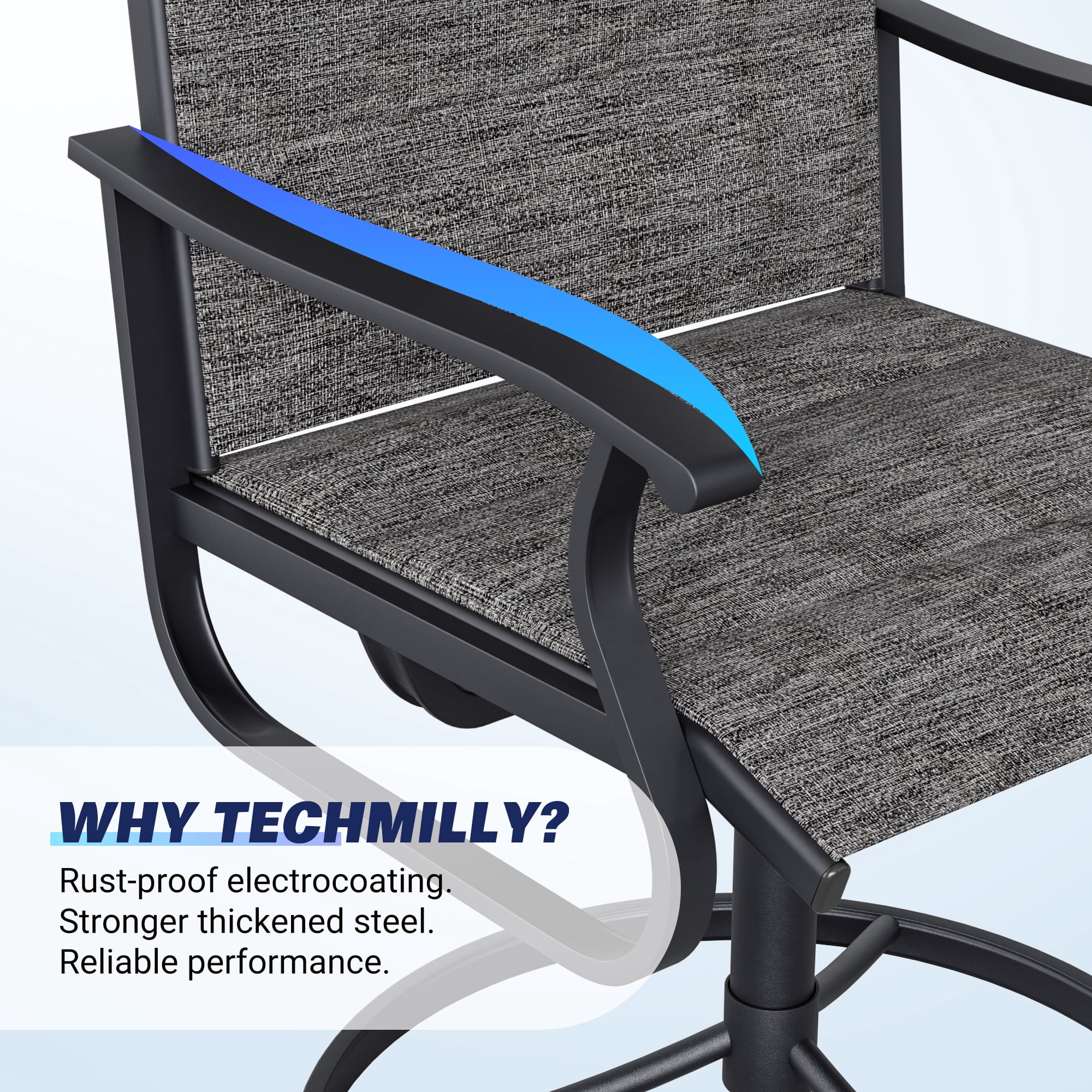 Techmilly Patio Swivel Chairs Set of 4, Outdoor Dining Chairs High Back Padded All Weather Breathable Textilene Outdoor Swivel Chairs with Metal Rocking Frame for Lawn Garden Backyard Deck, Dark Grey