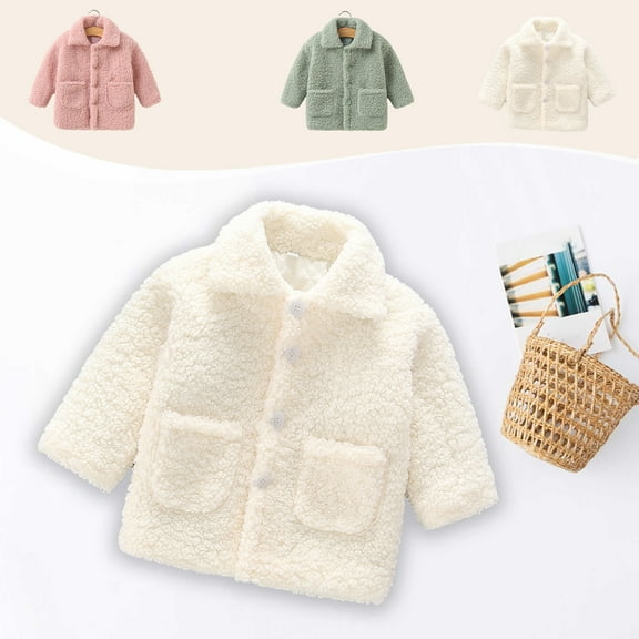 Zwiiyzr 2024 1-10Y Toddler Kids Girls Fleece Jacket Coat Long Sleeve Lapel Button Faux Shearling Sherpa Outerwear Fall Winter Warm Coat Beige