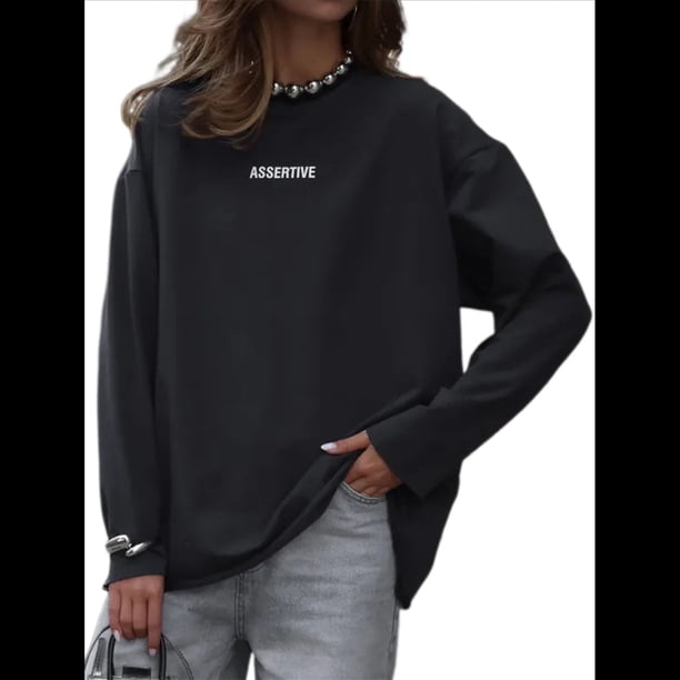 Camisetas de Larga Extragrandes para Mujer 2025, Camisetas Básicas de Cuello Redondo, Tops de Otoño, Ropa Informal de Entrenamiento Y2K Gris Oscuro XL