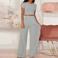 thumbnail image 2 of Women's Casual Short Sleeve Two Piece Outfit Summer Spring Fall Everyday Comfortable Pure Color Tops And Bottoms Set With Heels, 2 of 2