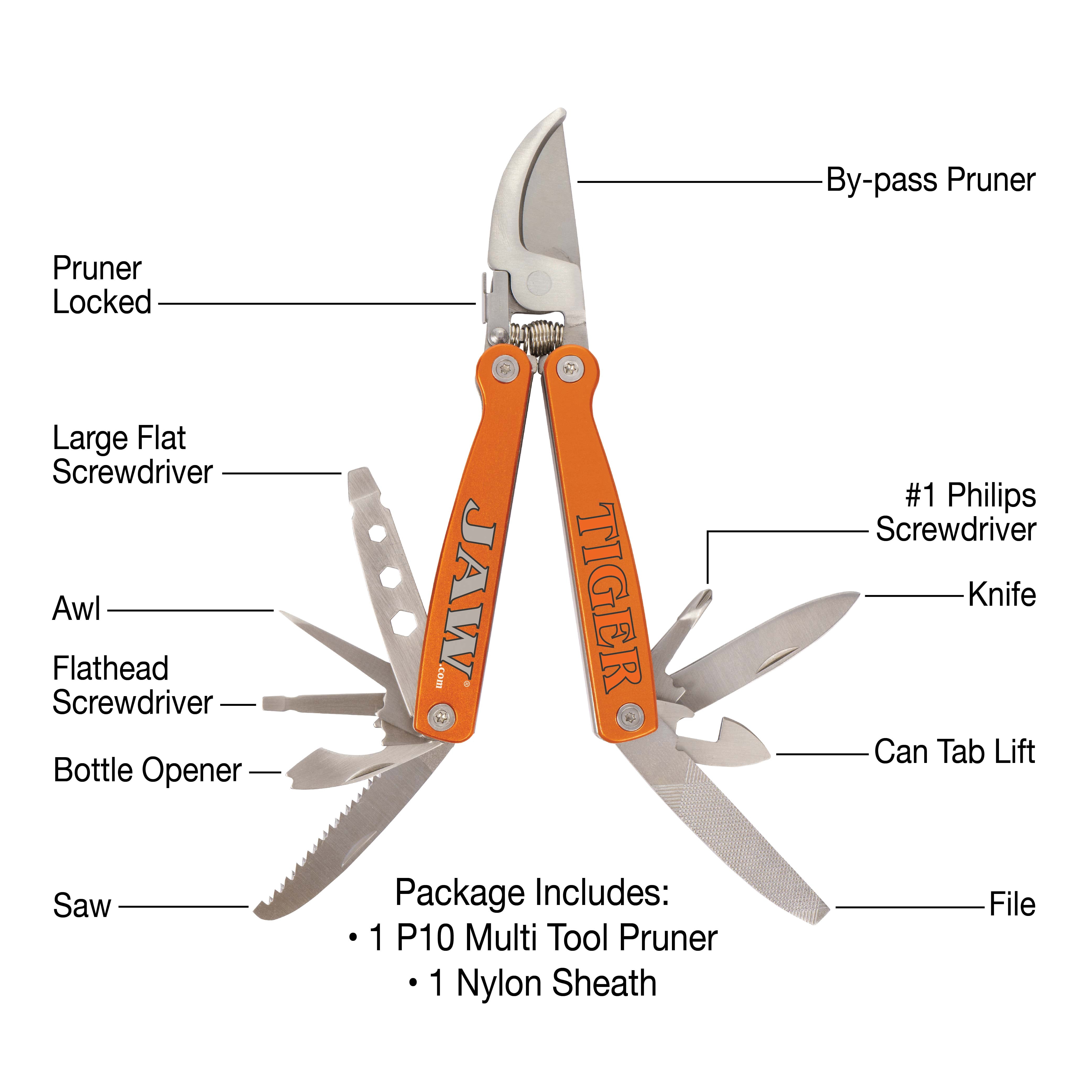 Tiger Jaw P10 Multi 10-in-1 Pocket Tools With Pruner and Sheath