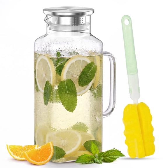 68 oz Glass Pitcher , 2 Liter Water Pitcher with Lid and Spout, Glass Carafe for Hot/Cold Water, Large Iced Tea Pitcher for Coffee, Juice and Homemade Beverage, Dishwasher Safe