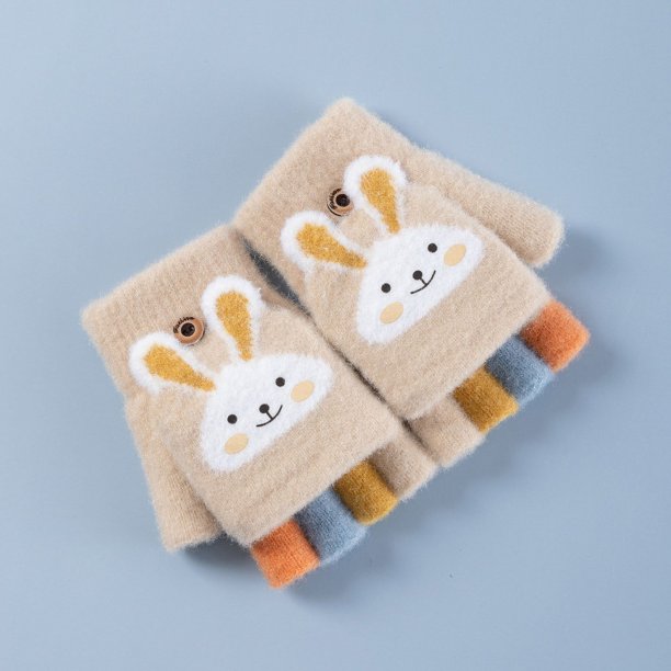 Guantes de jacquard para niños, guantes de invierno cálidos con forro polar y dibujos animados gruesos, de medio dedo, para niños y niñas
