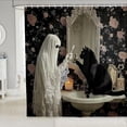 thumbnail image 5 of Hvot&aat Halloween Waterproof Shower Curtain, 35.43 X 70.87IN Brushing Ghost and Cat Pattern, Spooky Cute Bathroom Curtain with Hooks for Bath Decor, 5 of 5
