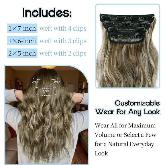 WEIF-Clip in Hair Extensions 4PCS Ash Medium Brown Highlights Hair Extensions Clip Ins 20 Inch Long Wavy Synthetic Hairpieces for Women, Perfect for Daily Wear and Parties