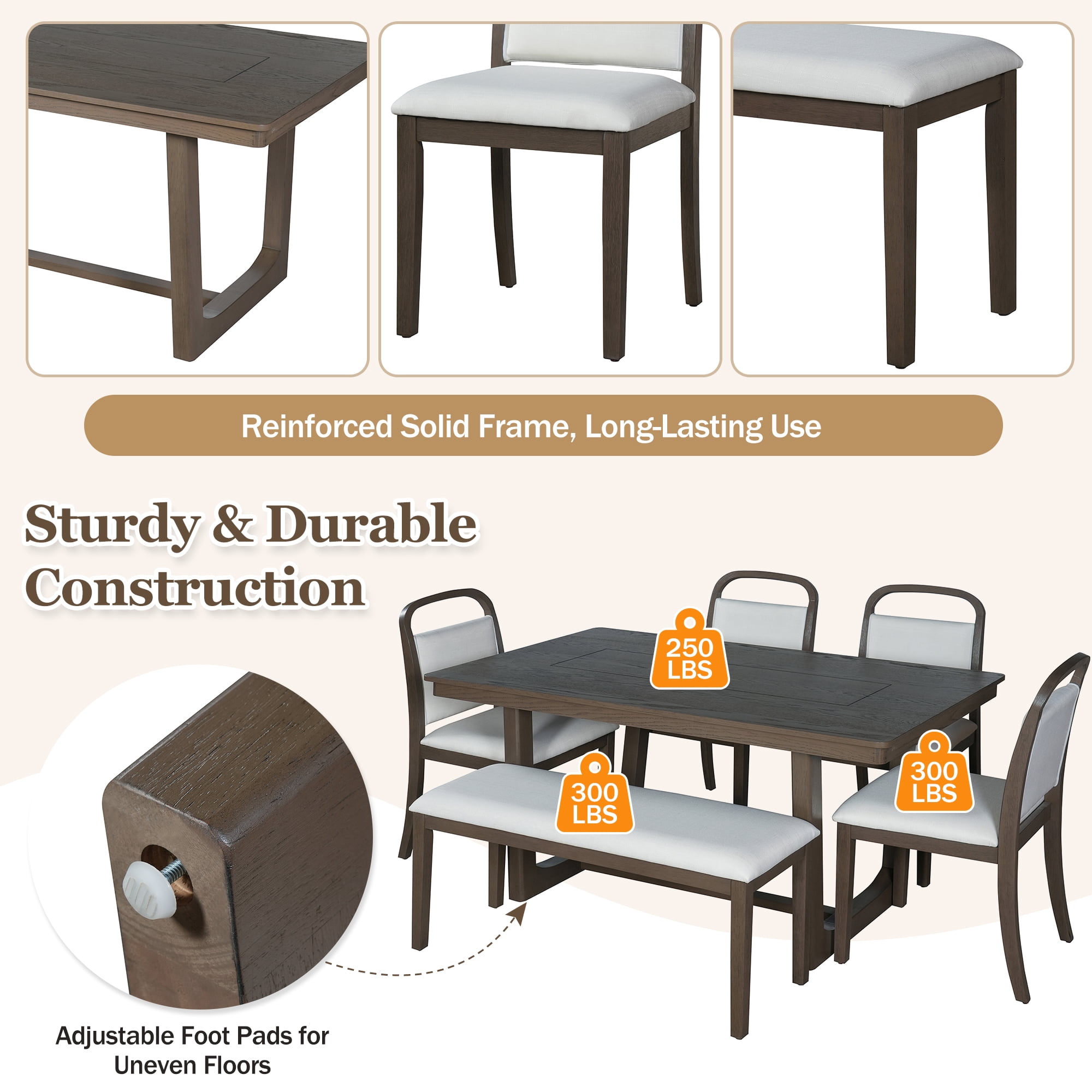 Euroco Farmhouse 6-Piece Dining Table Set for 6, Wood Rectangular Kitchen Table with 4 Upholstered Chairs & 1 Bench for Dining Room, Kitchen,Brown