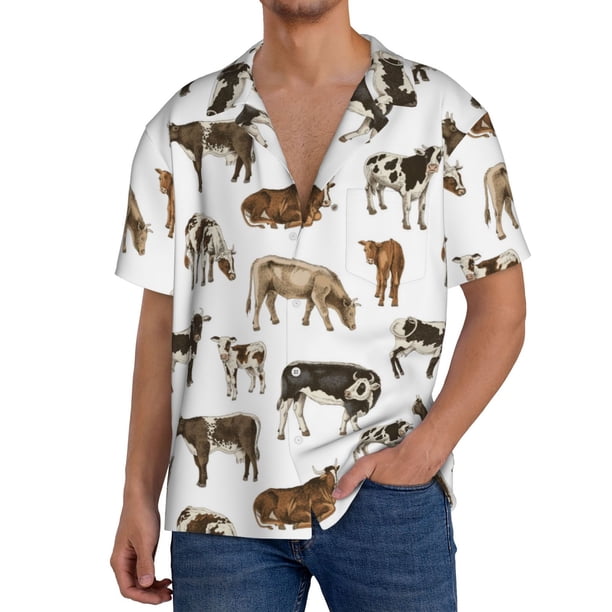Balery Cow Camisa Casual de Manga Corta con Botones para Hombre, Texturizada, Estilo Cubano, para Playa, Verano-XX-Large