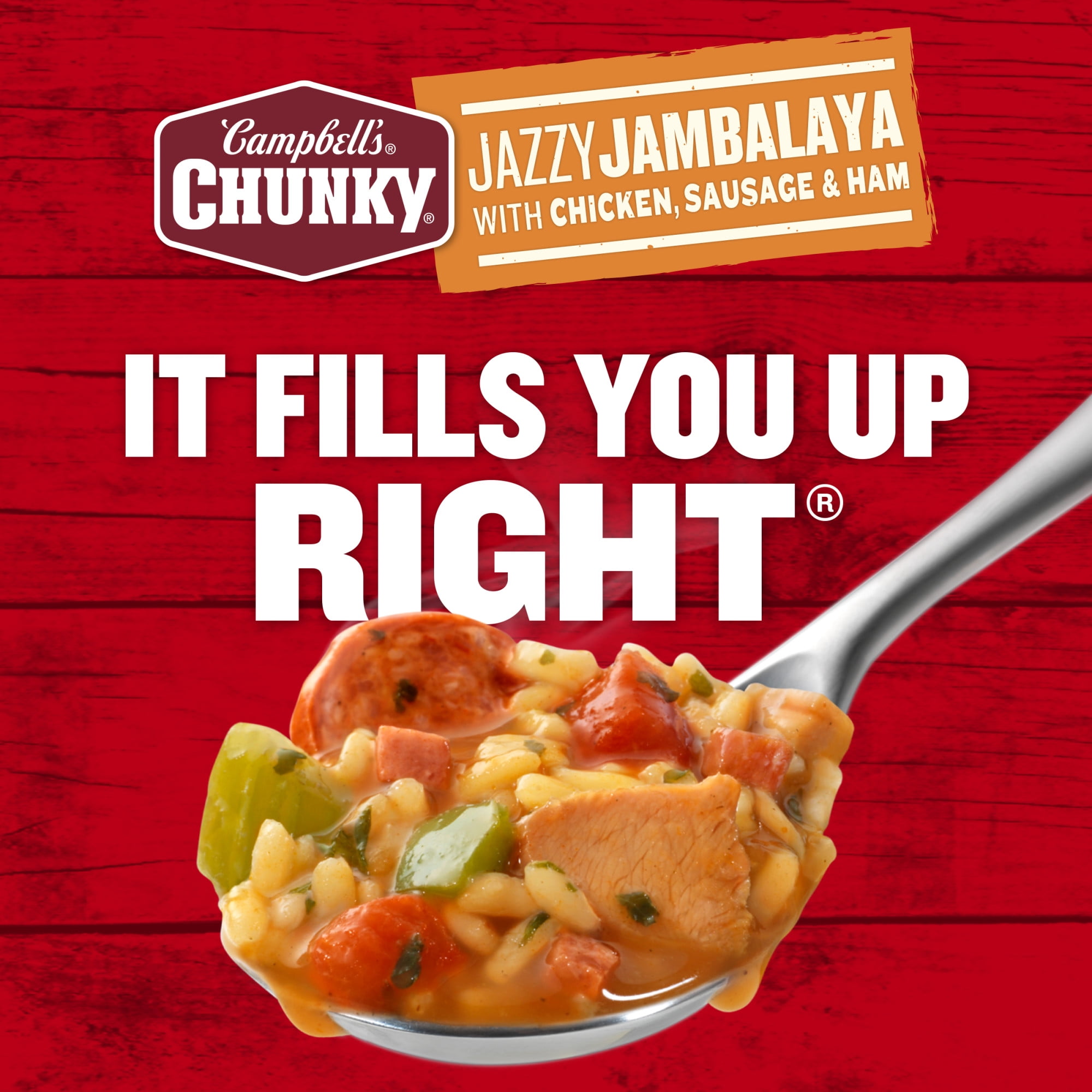 (12 pack) Campbell’s Chunky Soup, Jazzy Jambalaya with Chicken, Sausage and Ham Soup, 18.6 oz Can